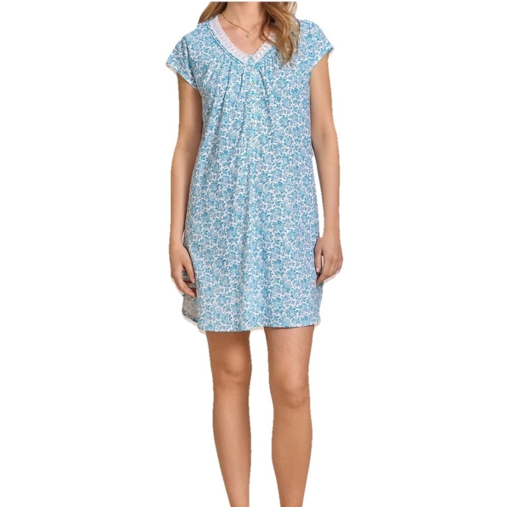 Eileen West Morning Meadow 100% Cotton Knit 36" Nightshirt Size 1X Blue & White